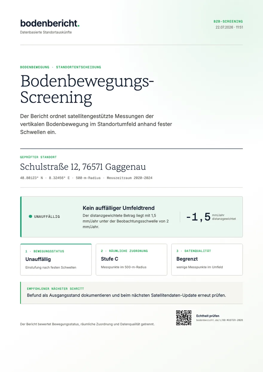 Deckblatt aus dem vorhandenen Bodenbewegungs-Musterbericht